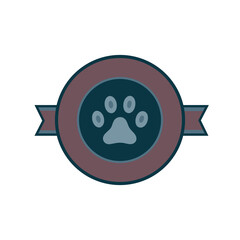 Paw print badge emblem in flat vector style with blue and brown ribbon design