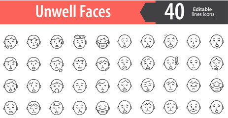 Unwell Faces Line Icons, Sick Face, Fever, Headache, Nausea, Coughing, Editable Formats: AI, EPS, PNG, Ideal for Both UI and Print Media Use
