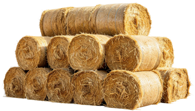  Stacked hay bales showcasing the natural texture and color, perfect for agricultural or rural-themed projects. isolated on white or transparent png 