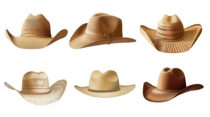 collection of straw hats isolated on transparent background