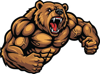 An aggressive, muscular brown bear roars with its mouth open, displaying its teeth and claws.