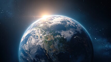 Naklejka premium The Earth Glowing Peacefully in Space with a Beautiful Sunrise.