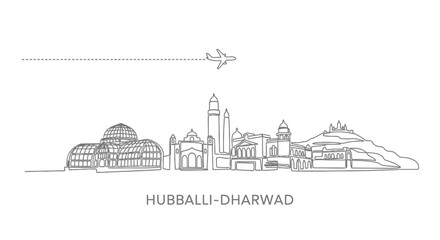 Fototapeta premium HubballiDharwad Skyline with India, Line Art, and Airplane.