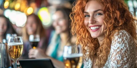 Cheerful Bar Owner with Red Hair Smiles Behind the Counter of a Vibrant Restaurant with Laptops