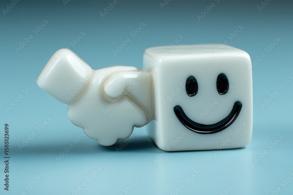 Poster cheerful ceramic cube with a smiling face and an enthusiastic thumbs up gesture symbolizing positivi