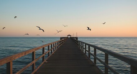Obraz premium Wooden Pier Extending Over Tranquil Ocean Waters at Sunset with Birds Flying Above