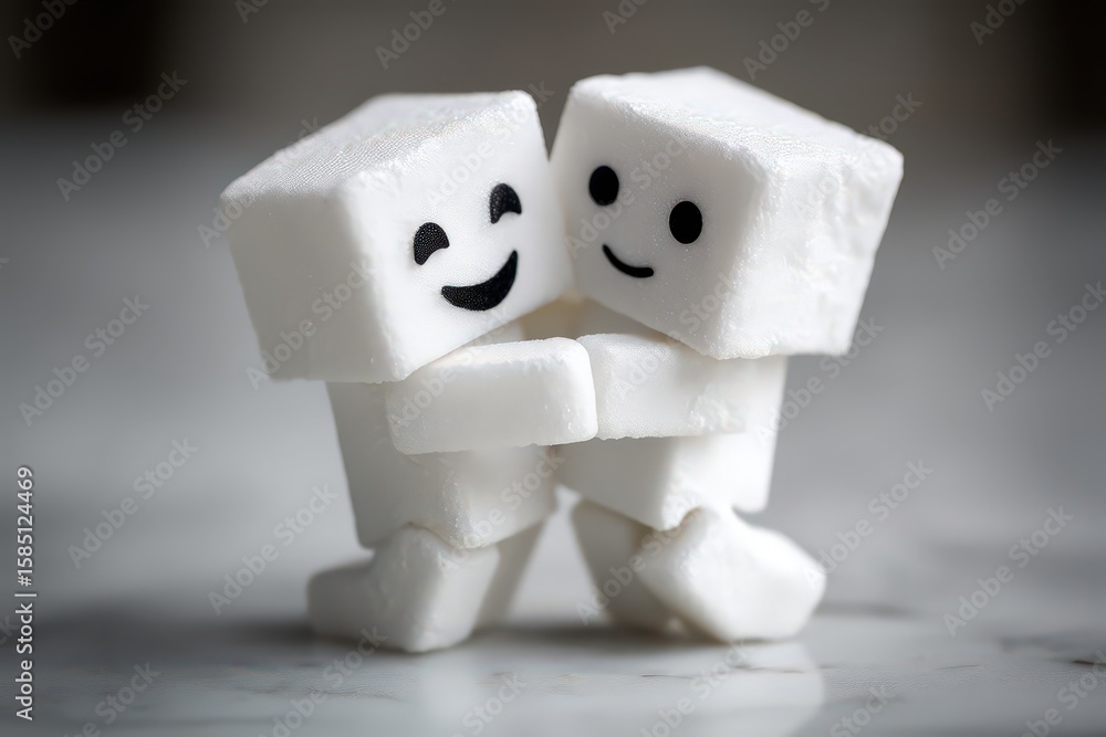 Poster whimsical sugar cube characters embracing each other showcasing joy and companionship in a playful s