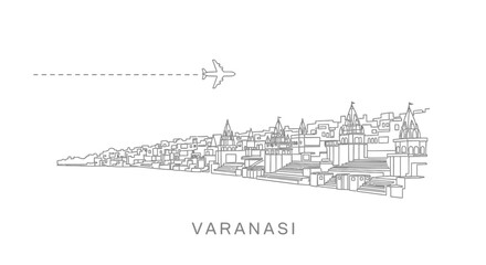 Fototapeta premium Varanasi Skyline Outline India Travel Plane.