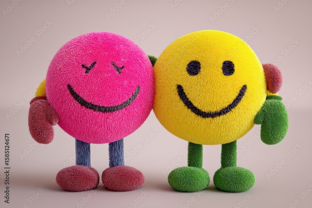 Poster playful duo of abstract plush smiley faces exuding joy and affection in soft textures embracing warm