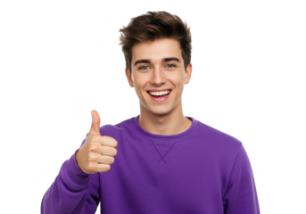 A happy young man gives a thumbs up with a big smile, wearing a purple sweatshirt and isolated on a transparent background