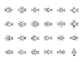 Hand-Drawn Fish Icons Collection - Black and White Line Art Seafood Illustrations for Restaurant Menus, Marine Life Graphics, Fishing Industry Branding, and Aquatic Design Projects