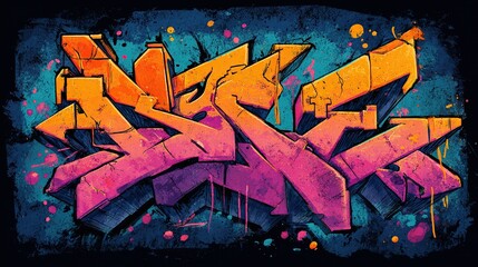 Bold, stylized graffiti-like lettering in vibrant colors (orange, pink, teal) on a dark background with textured, distressed effect