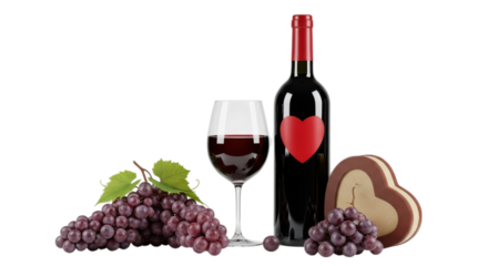 Romantic celebration with red wine, heart shaped chocolate box and fresh grapes against a transparent background suggesting love.