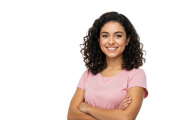 A young brazilian woman with curly black hair smiles confidently with her arms crossed, isolated on a transparent background