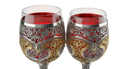Two ornate goblets filled with red liquid stand out against the transparent background, showcasing their silver and gold filigree design.