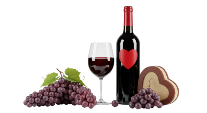 Romantic celebration with red wine, heart shaped chocolate box and fresh grapes against a transparent background suggesting love.