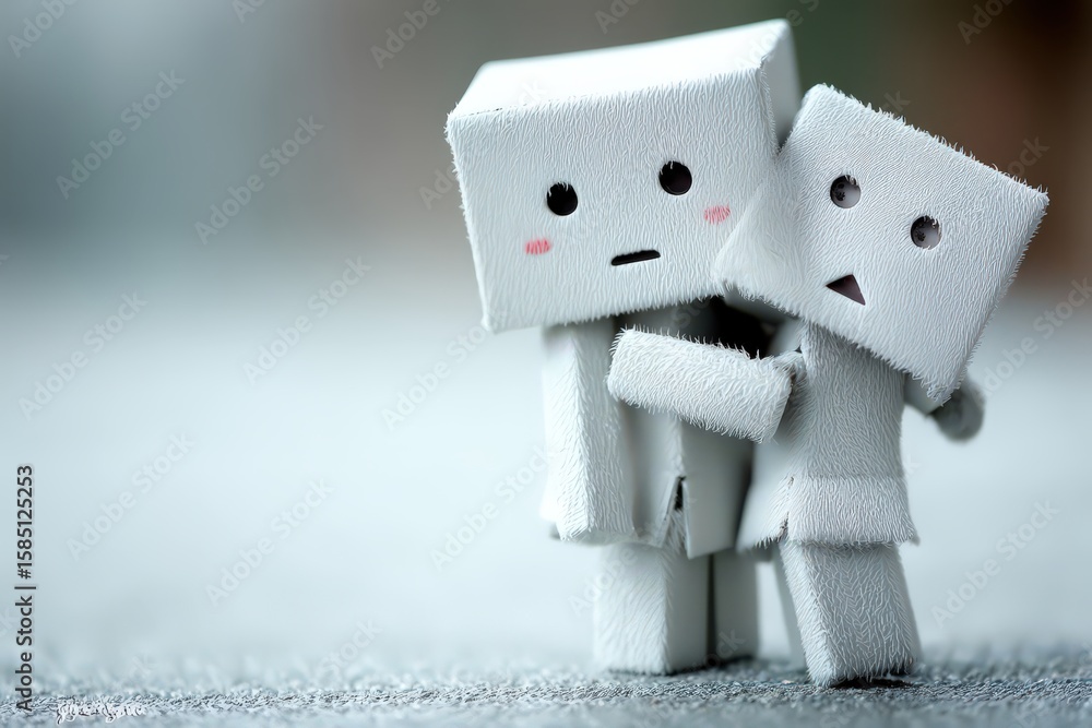 Poster adorable miniature toy figures portraying emotional connections in a gentle atmosphere expressing af