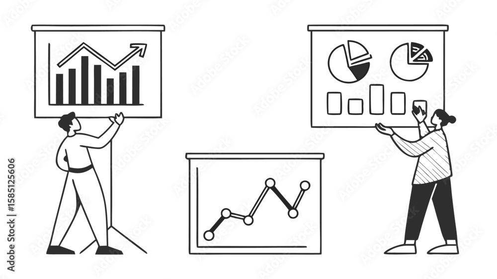 Poster people presenting graphs and charts on whiteboards in a business meeting setting with simple line ar