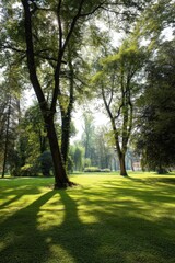 Obraz premium The sun shines through trees, casting shadows on the grass