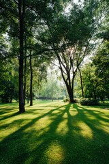 Obraz premium The sun shines through trees, casting shadows on the grass