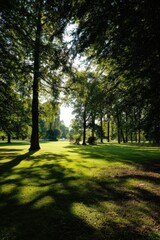Obraz premium The sun shines through trees, casting shadows on the grass