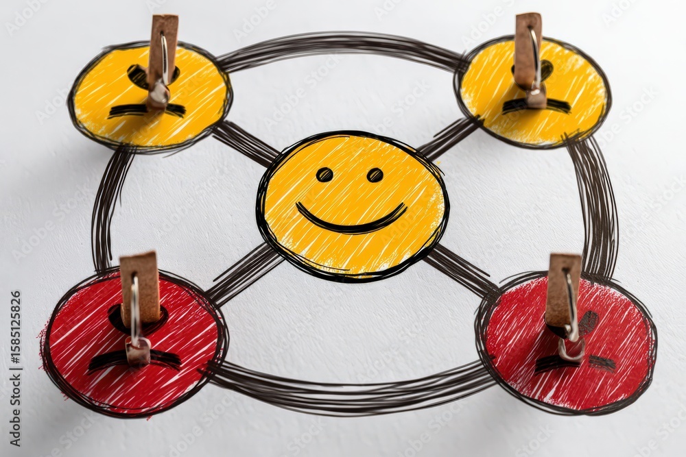 Poster conceptual visualization of emotional dynamics featuring a central smiling face surrounded by differ
