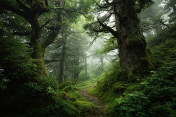 Obraz premium There is a serene path winding through a lush green forest