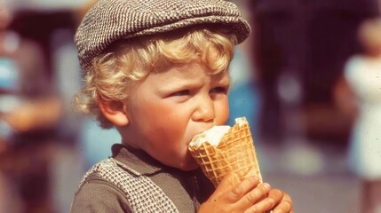 Young boy enjoying an ice cream cone.