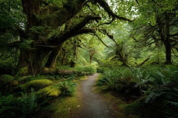 Obraz premium There is a serene path winding through a lush green forest