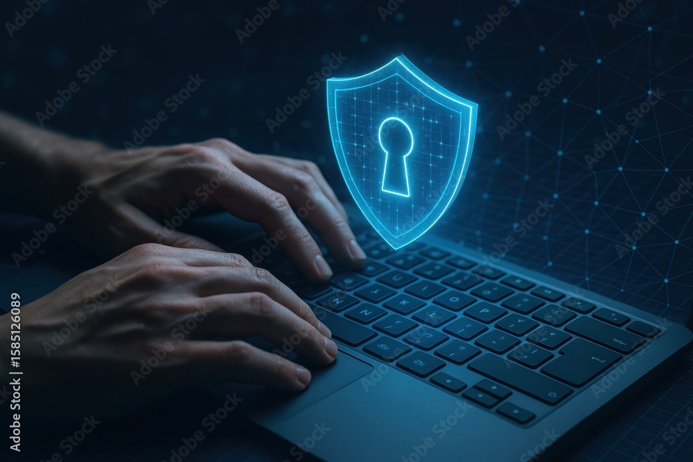 Poster digital fortress: close-up of a person's hands on a laptop keyboard, highlighting a digital shield w