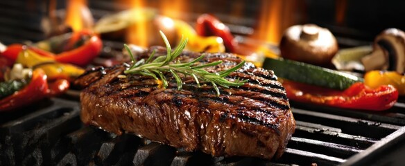 The delicious steak grilling alongside fresh vegetables and aromatic herbs.