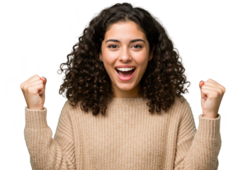 A young woman with curly hair celebrates with raised fists and a wide smile, isolated on a transparent background