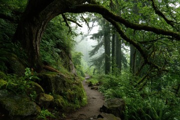 Obraz premium There is a serene path winding through a lush green forest