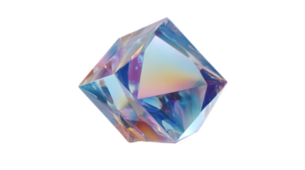 Iridescent geometric crystal, isolated on transparent background