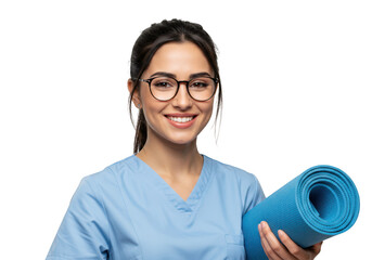 A smiling woman in blue scrubs and glasses holds a rolledup blue yoga mat, isolated on a transparent background
