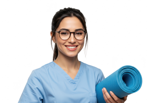 A smiling woman in blue scrubs and glasses holds a rolledup blue yoga mat, isolated on a transparent background