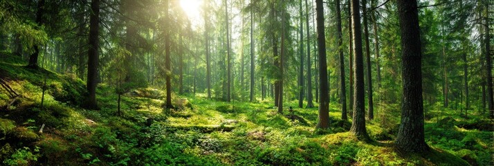 Fototapeta premium The bright sun is shining through the tall trees in the forest