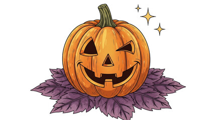 Isolated Smiling Halloween Pumpkin with Leaves