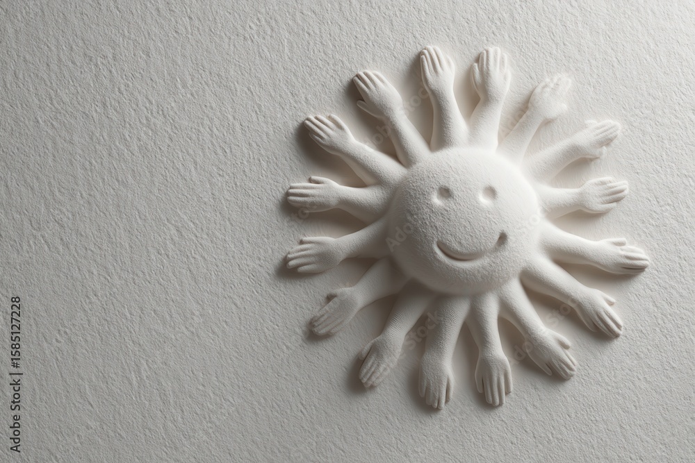 Poster whimsical representation of joy and unity with smiling sun characterized by hand-like rays symbolizi