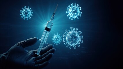 Gloved hand holds a futuristic syringe in glowing blue light surrounded by crystal virus particles and digital streams, Concept of vaccination, covid vaccine, flu shot