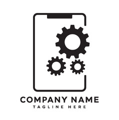 Black smartphone with gears and company name technology mechanical