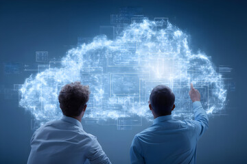 Two men looking at a glowing cloud of data with one man pointing at the cloud in a blue environment .