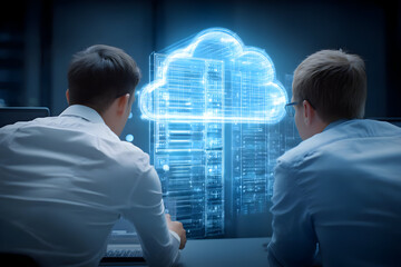 Two engineers looking at a glowing cloud server visualization on a computer screen in a dark room .