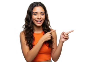 A happy woman points to the side with both index fingers, isolated on a transparent background