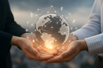 Businessman's hands cradle a glowing blue globe, symbolizing global business and technological connection