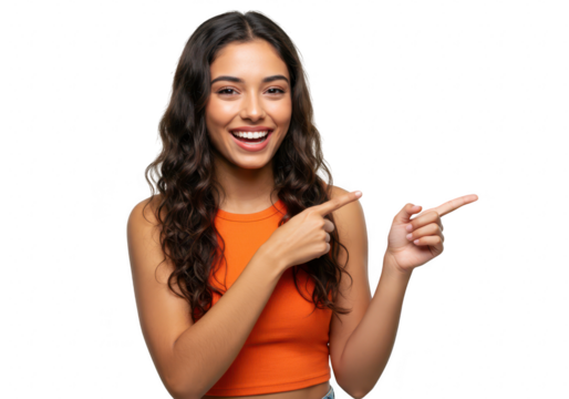 A happy woman points to the side with both index fingers, isolated on a transparent background