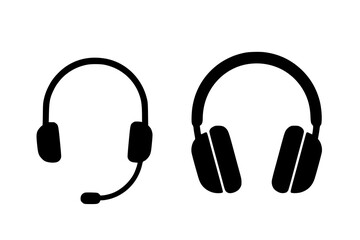 Minimalist vector illustration featuring two distinct black headphone silhouettes, showcasing a modern lightweight headset on the left and a classic over-ear model on the right
