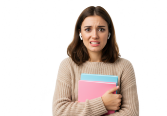 A stressed student holds books and looks worried, wearing earbuds, isolated on transparent background