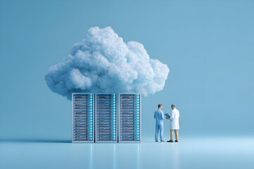 Two people standing near servers with a cloud above them in a light blue studio setting scene .