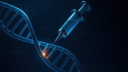 High tech syringe edits glowing DNA helix in lab scene with biometric data lines, vaccination, covid vaccine, flu shot innovation